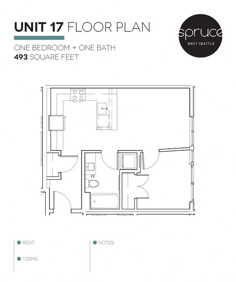 Floor plan for 1 bed, 1 bath